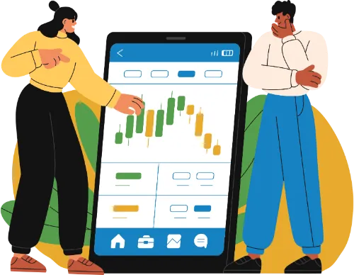 An illustration of two people virtually discussing a trading chart, representing engaging online discussions on TRU online community