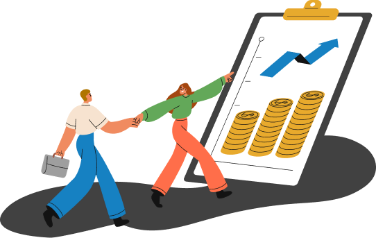 An illustration of two people holding hands while treading upwards with a trading chart set in the background, representing the TRU movement of creating a better and safer trading world