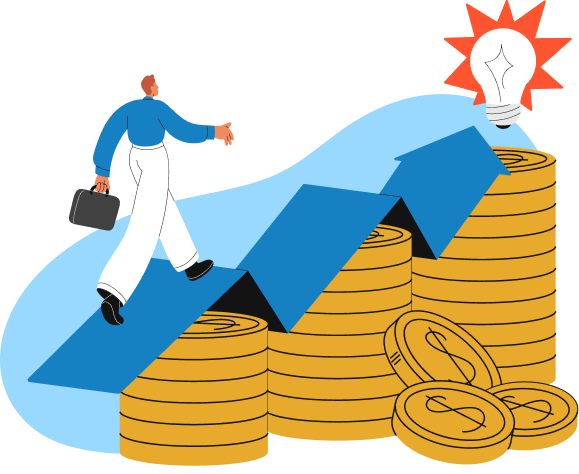 A cartoon image of a person climbing an on an arrow, which is set on a pile of coins and leading on a light bulb, representing a trading empowerment, growth, and financial liberation.