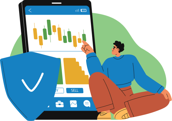 An illustration of a person monitoring a trading chart on a smartphone with a protective shield to represent the protection and support provided by the Dispute Resolution System